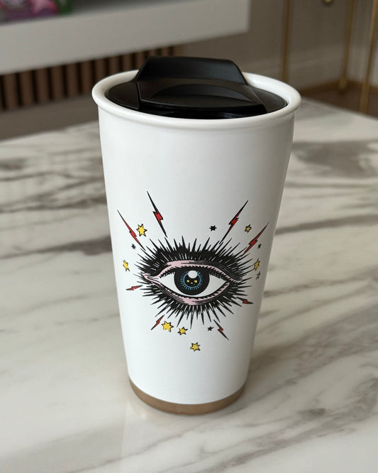 Mystic Gaze White Travel Coffee Cup